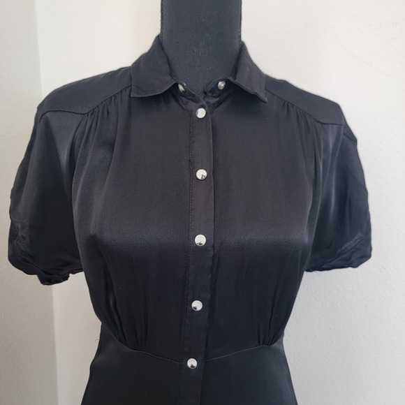 Mango Suit Black Midi Pearl Snap Button Up Collar Short Sleeve Satin Dress Small - Picture 4 of 16